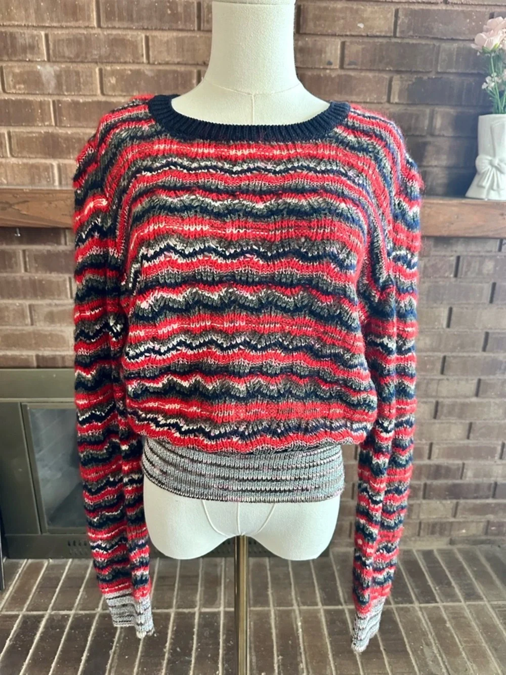 Tory Burch Lurex Mohair Wool Zig-Zag Knit Sweater XL / Retro Boho Chic